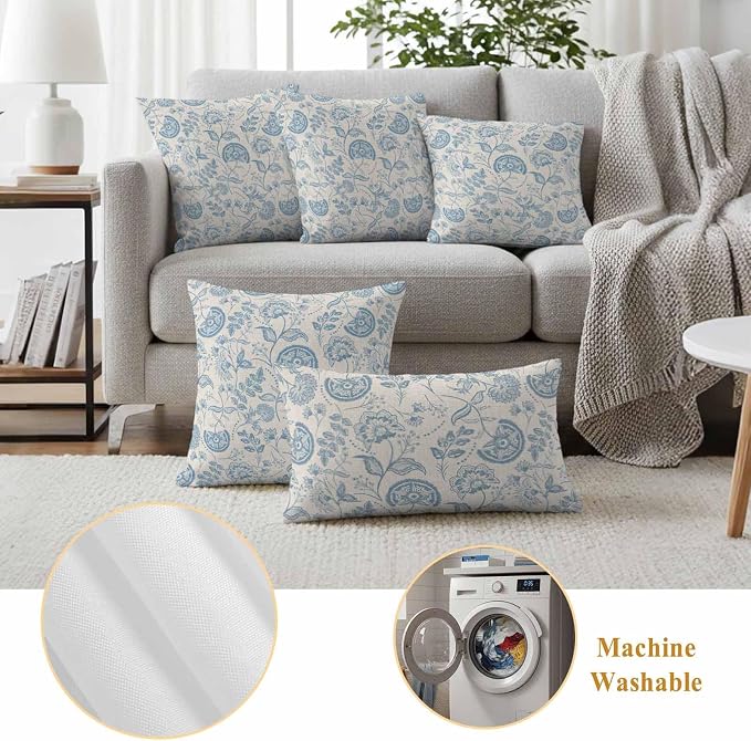 Outdoor Pillow Covers 18x18 Set of 2, Blue Spring Floral Waterproof Patio Throw Pillow Covers for Couch Sofa Chair, Farmhouse Botanical Vintage Decorative Pillowcases for Throw Pillows