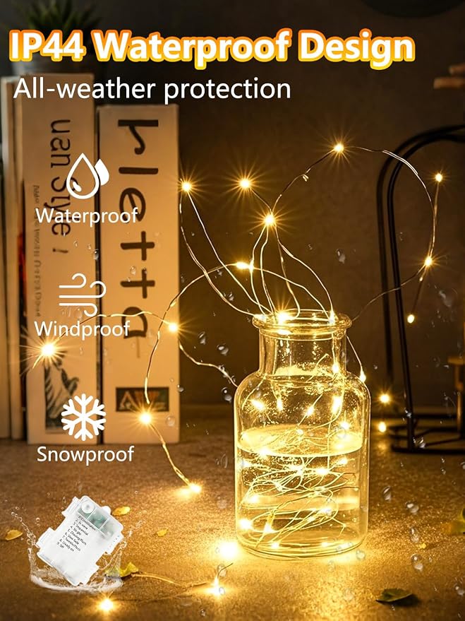 4 Pack Fairy Lights Battery Operated with Remote 33FT 100 LED Warm White | Remote Control, 8 Modes, Timer, Adjustable brightness, Waterproof Lights for Indoor Outdoor Classroom Christmas Decor