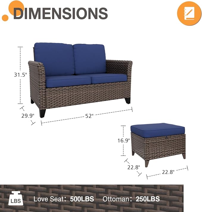 COOS BAY Harbor Retreat 3 Piece Outdoor Furniture Set, Patio Conversation Set with 2 Seat Loveseat and Ottomans, Wicker Furniture, Brown/Blue