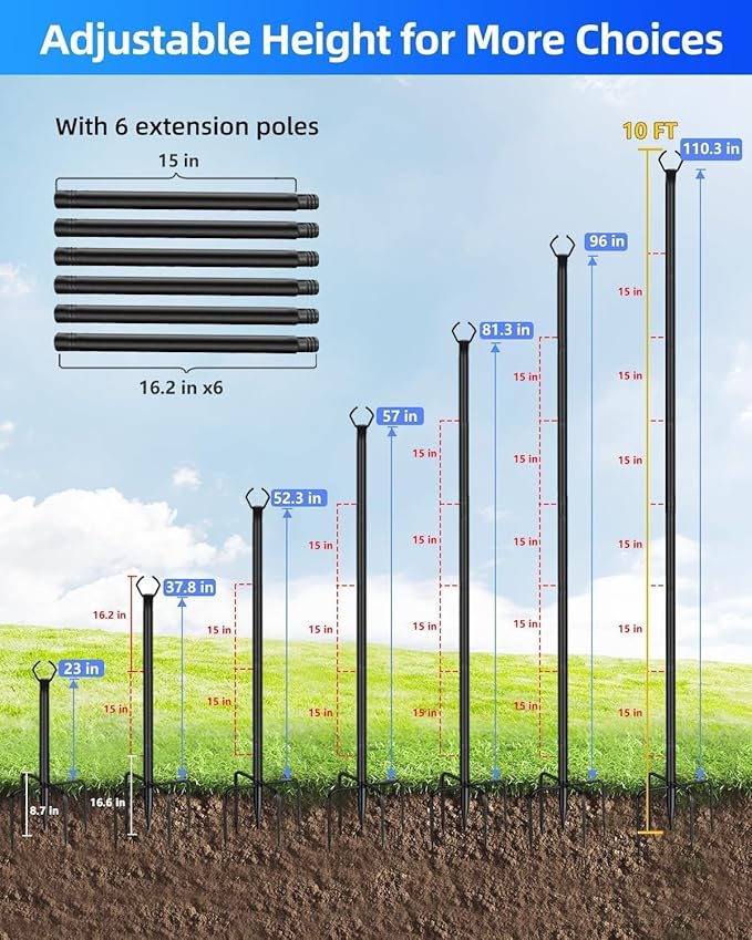 HEMMOTOP String Light Poles for Outside 10FT 2 Pack, Outdoor String Light Poles for Patio Decor Garden Deck Backyard Fence Bistro, Heavy Duty Metal Pole with Fork, Perfect for Wedding Party Camping