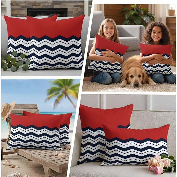 Black Chevron Waterproof Outdoor Pillow Covers Set of 2 Home Decor, Geometric Navy Blue White Sea Wavy Striped Pillowcase Patio Pillow Covers for Couch Bench Furniture Garden 18x18in