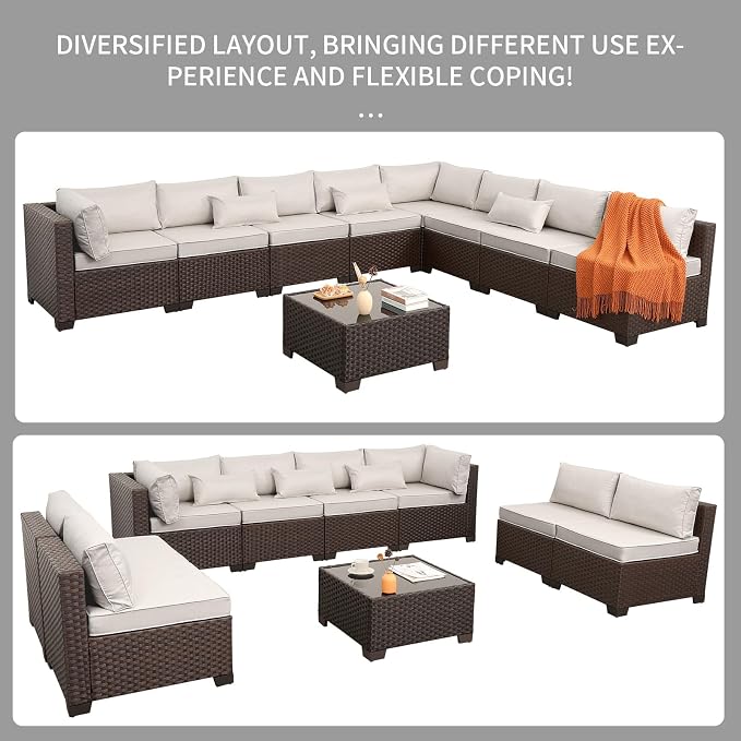 Rattaner 9 Pieces Outdoor Sectional All-Weather HDPE Brown Wicker Patio Furniture Set Patio Sectional Glass Patio Table Non-Slip Cushions and Waterproof Covers, Beige