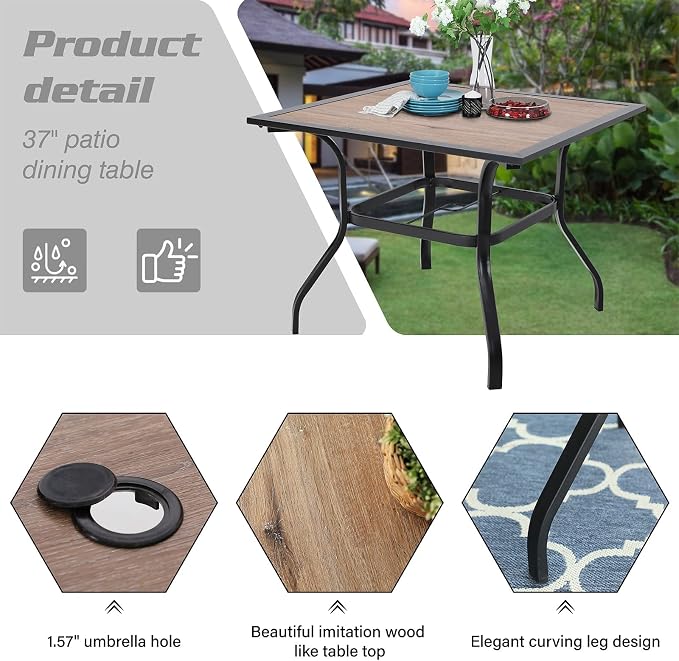 Sophia and William Patio Dining Set, 5 PCS | E-Coated and Steel, Square Table, Straight Legs Chairs, 1.57" Umbrella Hole, Weather-Resistant