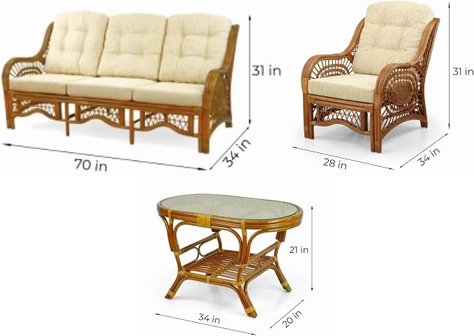 Malibu Lounge Set of 4: 2 Natural Rattan Wicker Chairs, Three-Seater Sofa with Cushions, and Coffee Table with Glass Handmade, Colonial Color