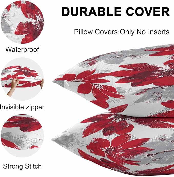 Vandarllin Outdoor Throw Pillows Covers 18x18 inch Set of 2 Waterproof Red Sunflower Decorative Zippered Cushion Covers for Patio Furniture, Flower Field Lumbar Pillowcases