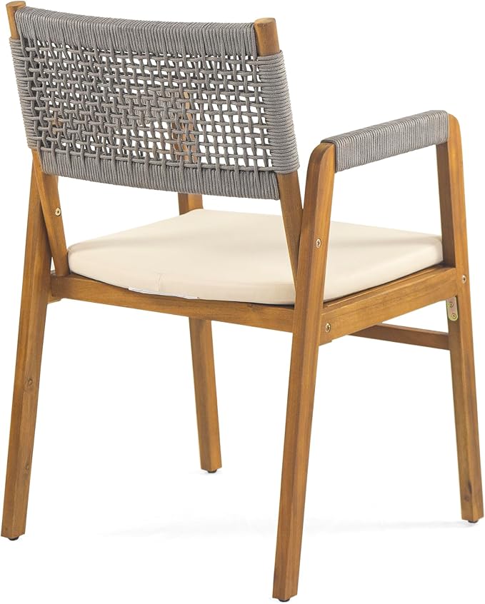 Christopher Knight Home Sky Acacia Wood Dining Table Set for 8, 9 Piece Patio Extendable Dining Table and Dining Chairs Set of 8 with Cushions & Rope Accents, Patio Furniture Set, Teak+Beige+Grey