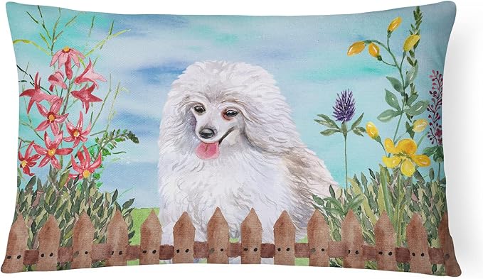 Caroline's Treasures CK1245PW1216 Medium White Poodle Spring Canvas Fabric Decorative Pillow Machine Washable, Indoor Outdoor Decorative Pillow for Couch, Bed or Patio, 12HX16W
