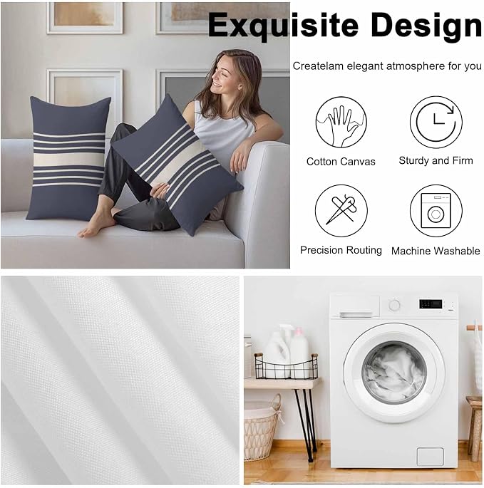 Vandarllin Outdoor Throw Pillows Covers 20x12 inch Set of 2 Waterproof Blue Vertical Stripes Decorative Zippered Cushion Covers for Patio Furniture, Classic Striped Linen Lumbar Pillowcases