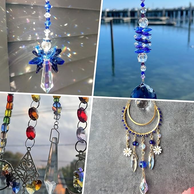 120Pcs 14mm Octagonal Crystal Beads Suncatcher Glass Beads with 2 Hole Dodger Blue Chandelier Replacement Connector Faceted Prism Spacers for DIY Lamp Hanging Ornament Pendant Jewelry Decor