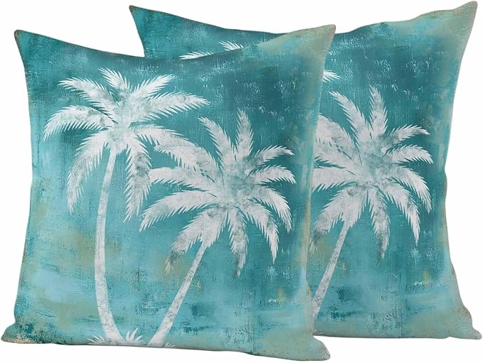 Coastal Beach Tree Teal Outdoor Waterproof Pillow Covers, Tropical Botanical Decorative Square Throw Pillowcase, Palm Tree Vintage Sofa Cushion Sham for Patio/Couch/Chair, 26"x26" 2 Pack