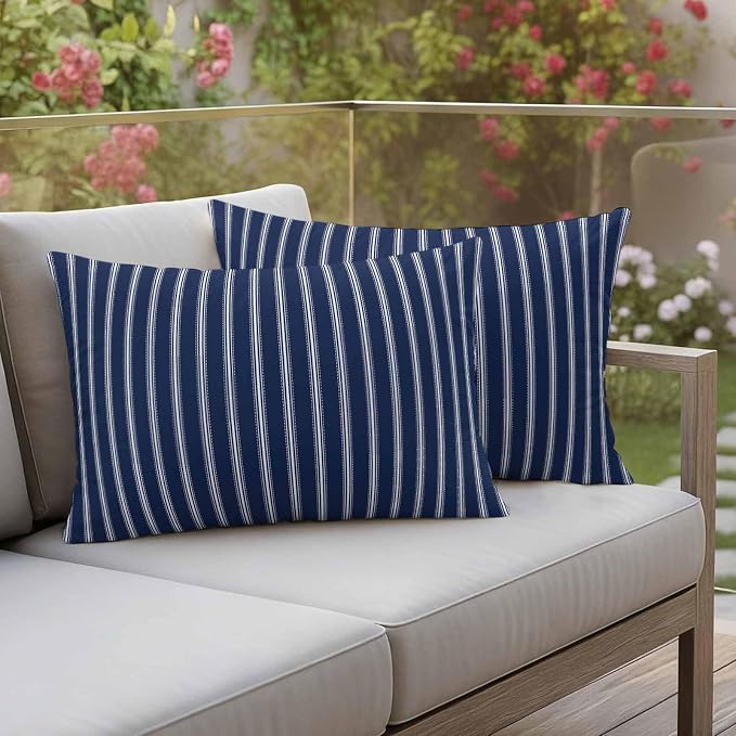 Outdoor Pillow Covers 12x20 Set of 2 Navy Blue Stripe Outdoor Pillows Waterproof Throw Pillow Covers Vertical Striped Pillowcases Decorative Case for Patio Cushion