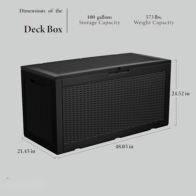 Outdoor Storage Box Waterproof, 100 Gallon Lockable Resin Deck Box Large, Patio Storage Bin for Pool Accessories Cushion Furniture, Garden Tools, UV-Resistant Outside Delivery Black