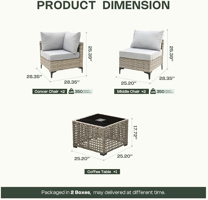 5 Piece Outdoor Sectional Patio Furniture Set with Solar Lighted Coffee Table, Modular Wicker Conversation Set with Flexible L-Shaped Layout for Porch Balcony Backyard, Light Gray