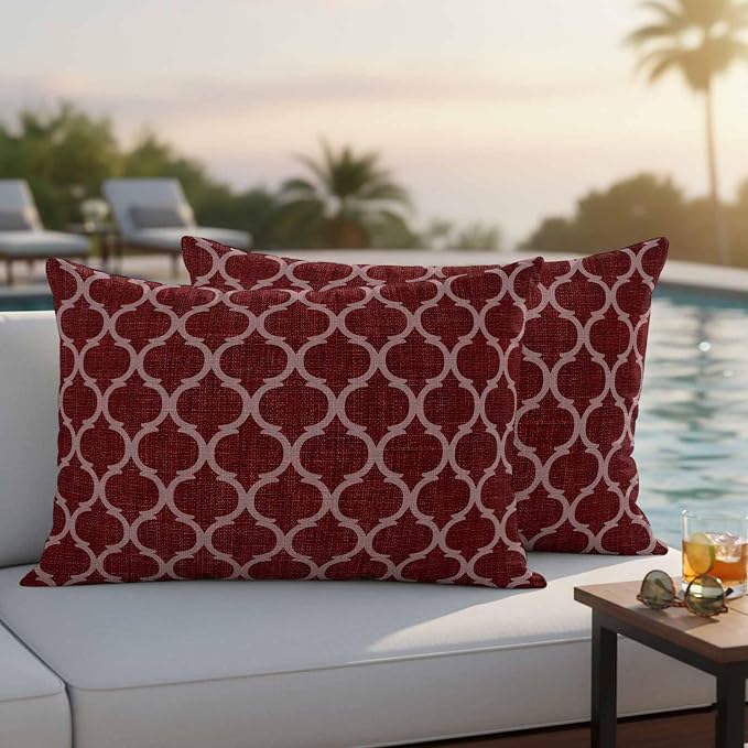 Deep Red Morocco Outdoor Pillow Covers 20x12 Inch Lumbar Pillow Covers Set of 2 Waterproof Decorative Throw Pillow Cases Retro Farmhouse Quatrefoil Plaid Cushion Covers for Patio Furniture Garden
