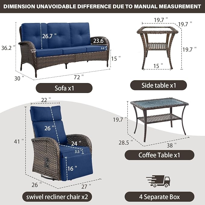 Belord 5 Piece Patio Furniture Set with Swivel Recliner Chair - Patio Outdoor Couch Set, Chaise Lounge Chair Outdoor with Adjustable Backrest and Footrest and Coffee Table for Casual Gathering
