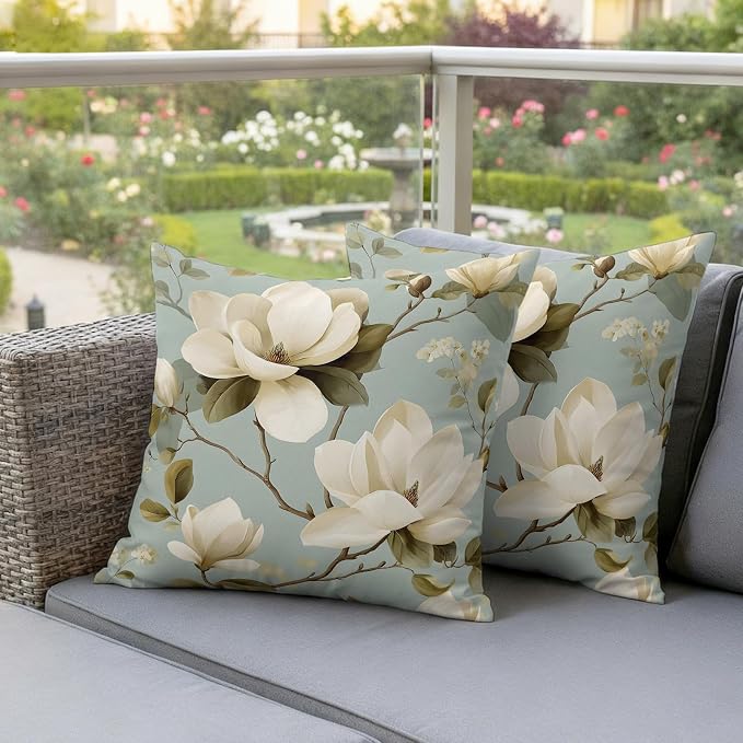 Vintage Floral Outdoor Pillow Covers 18"x18" Set of 2, Magnolia Flowers Branches Rustic Botanical Teal Waterproof Throw Pillow Covers for Patio Furniture, Decorative Cushion Covers for Porch