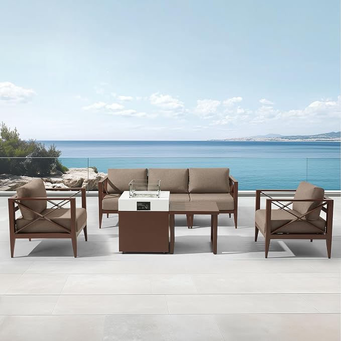 Outdoor Aluminum Patio Furniture Set, 5-Seats Patio Conversation Sofa Set with 37,000 BTU Fire Pit Table w/Glass Wind Guard, All Weather for Pool, Balcony, Garden-Brown