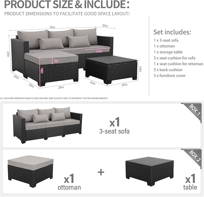 Rattaner 3 Pieces Patio Furniture Set Outdoor Sectional Wicker Patio Furniture Patio Couch with Ottoman and Outdoor Storage Table All-Weather Anti-Slip Cushions Waterproof Covers, Light Grey