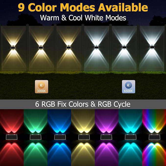 Solar Fence Lights Outdoor, 6 Pack Waterproof LED Warm & Cool White RGB Wall Mount Sconce Dusk to Dawn Up & Down Fence Light Solar Powered for Outside Garden Patio Backyard Garage(White)
