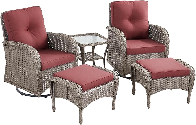 5 Pieces Outdoor Wicker Patio Furniture Set-High Back Outdoor Rocking Chairs Set of 2 with Ottoman Patio Conversation Sets for Deck Lawn Porch Balcony Poolside-Grey/Red