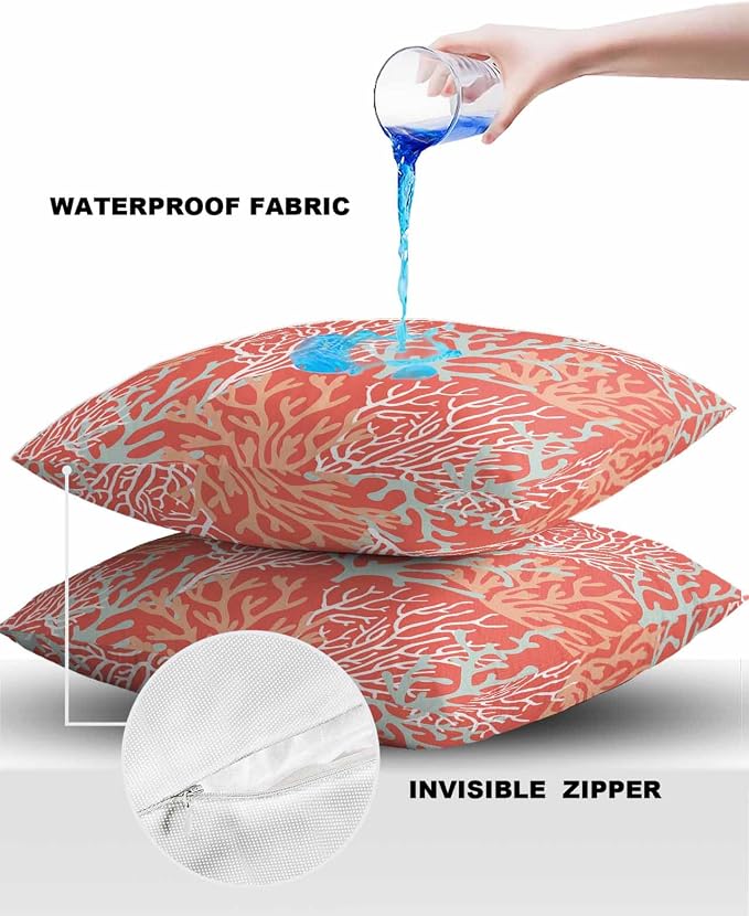 Outdoor Waterproof Throw Pillow Covers Set of 2 Red Orange Coral Pillowcases 18x18 Inches Nautical Coastal Marine Life Patio Decorative Pillows Cushion Case Patio Pillows for Couch Bed Chair Garden