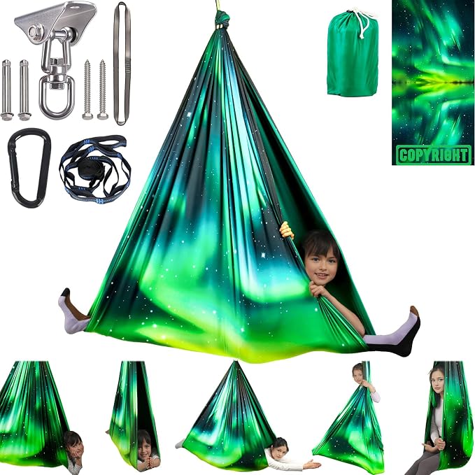 Sensory Swing for Kids Indoor & Outdoor Double Layer Therapy Cuddle Swing with 360° Swivel Hanger Kit Adjustable Swings for Child and Adult with Aspergers Autism (Aurora Green)