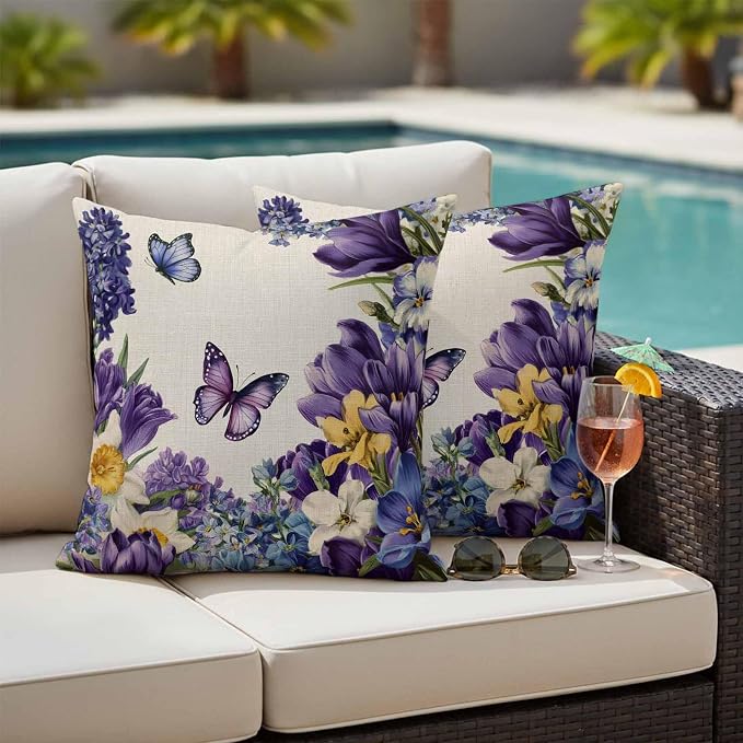 Outdoor Waterproof Pillow Covers for Patio Furniture Purple Blue Flowers Butterfly Throw Pillow Cover Watercolor Floral Linen Pillowcases Set of 2 Cushion Case for Sofa Couch Chair 20x20 inch