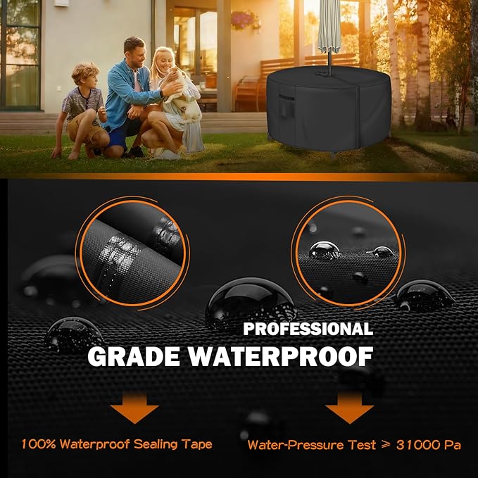 Round Patio Table Cover with Umbrella Hole - 28" Dia x 28" H (Cover Size，NOT Table Size) Heavy Duty Waterproof 600D Oxford Fabric Outdoor Lawn Patio Furniture Covers