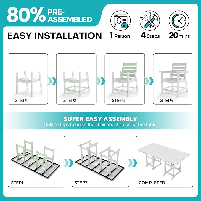 7-Piece Dining Set, HDPE Table & 6 Chairs, White | HDPE Dining Set: 69.1" Table + 6 Chairs, 380 lbs, 304 Stainless, All-Weather, No Rust No Crack, Outdoor Patio Garden