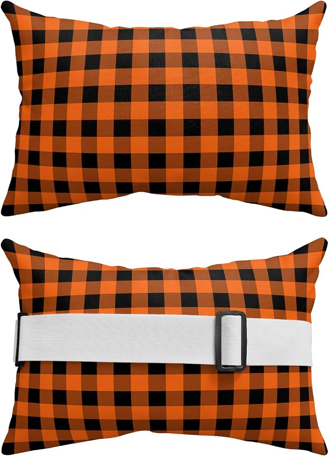 Outdoor Pillows Covers with Inserts Rustic Orange and Black Buffalo Plaid Waterproof Recliner Pillow with Adjustable Strap Throw Pillows for Patio Furniture Pool Lounge Chair, 11x16 inch, 1PCS