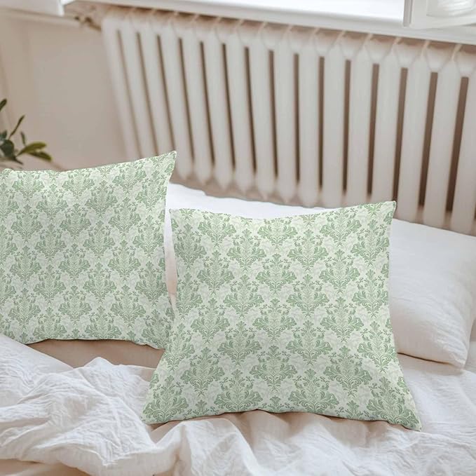 Green Scroll Floral Waterproof Outdoor Pillow Covers Set of 2 Home Decor, Baroque Damask Medallion Pattern Pillowcase Patio Pillow Covers for Couch Bench Furniture Garden 18x18in