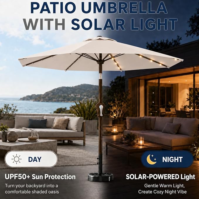 10FT Solar Patio Umbrella with Lights, Outdoor Table Market Umbrella with 32 LED Lights, 8 Sturdy Ribs, Push Button Tilt and Crank for Pool, Deck and Garden, UV-Resistant