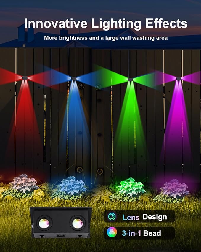 4 Pack Color Changing Solar Powered Fence Lights Outdoor Decorative LED Waterproof Yard Lamps for Outside Wall, Deck, House Patio, Rail, Stair, Yard, Pool, 7 Colorful Modes, Easy 1-Min Installation