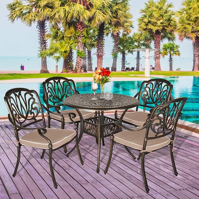 TITIMO 5 Piece All-Weather Cast Aluminum Outdoor Patio Deck Dining Set w/Round Table and 4 Chairs, Khaki Cushions, Umbrella Hole - Deep Bronze