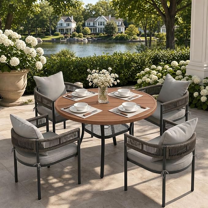 VICLLAX Patio Dining Set, 40.6" Walnut Table & 4 Chairs with Grey Cushion | Outdoor Table and Chairs Set of Round Metal Patio Table, Outdoor Dining Chairs with Metal Frame, Garden Deck Porch