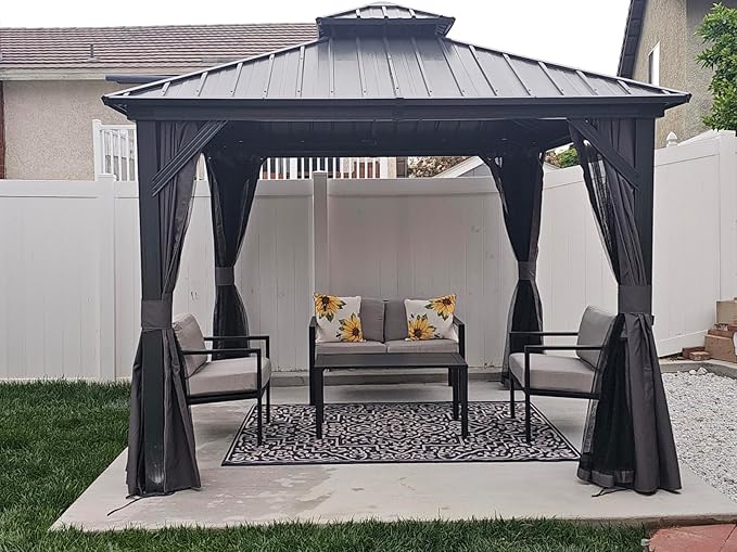 Domi 10' x 10' Hardtop Gazebo Outdoor Metal Gazebo with Galvanized Steel Double Roof Canopy, Curtains and Netting for Patio, Backyard, Deck, Lawn, Grey