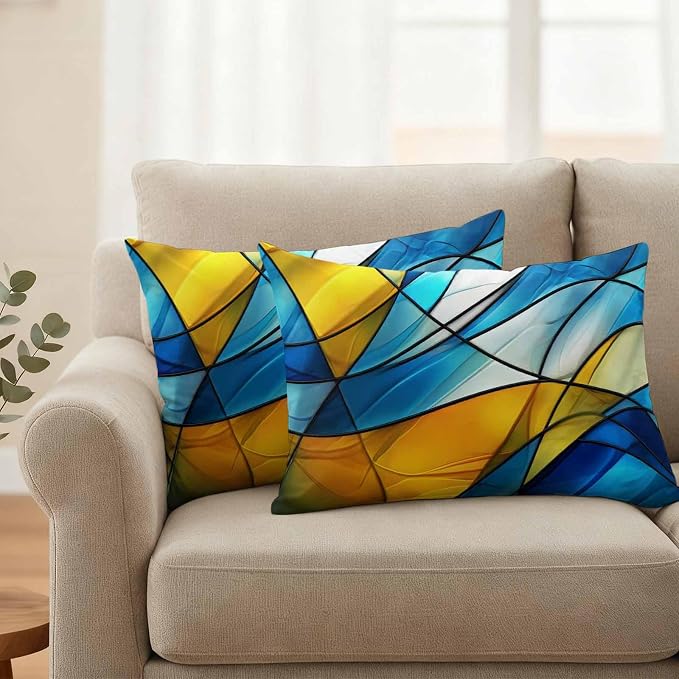 Abstract Art Outdoor Waterproof Pillow Covers Set of 2, Blue Yellow Gradient Wavy Lines Geometric Modern Pillowcase Decorative Throw Cushion Cases for Patio Garden Couch 20 x 12 Inches
