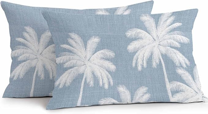 Lumbar Pillow Covers 20x12 Inch Set of 2, Light Blue Palm Trees Waterproof Outdoor Pillow Covers, Farmhouse Tropical Summer Beach Decorative Cushion Pillowcases for Couch, Sofa, Bed, Garden, Patio