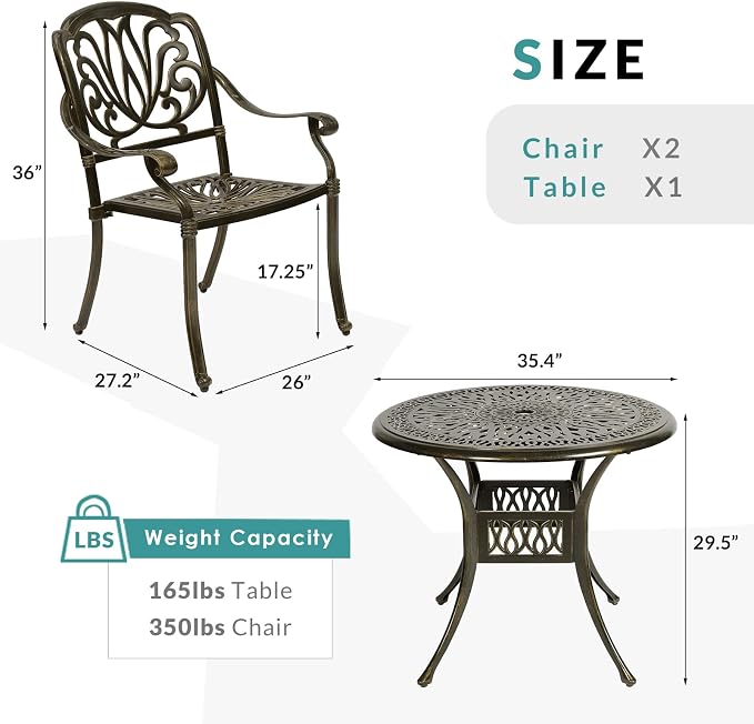 MEETWARM 3 Piece Patio Bistro Set, Outdoor All-Weather Cast Aluminum Dining Furniture Set Includes 2 Chairs and a 35.4” Round Table with Umbrella Hole for Garden Deck