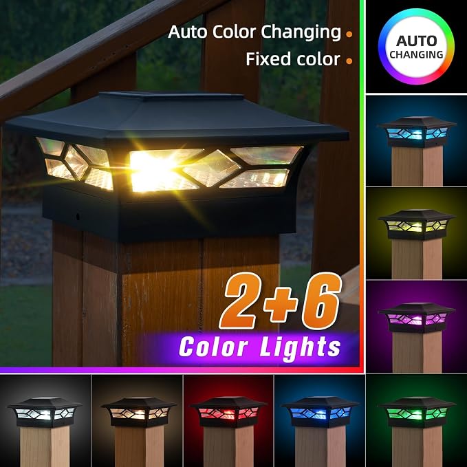 APONUO Solar Post Cap Lights with 8 RGB Colors and Multicolor Flow, Ultra-Bright Clear Lens, IP65 Waterproof for 4x4 5x5 6x6 Wood & Vinyl Fence Posts, 6 Pack Black