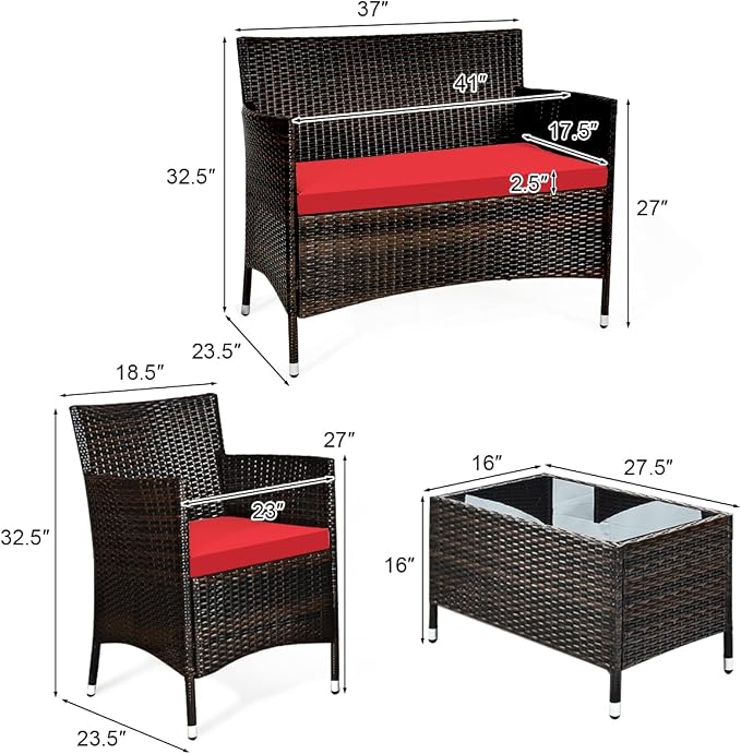 Tangkula 8 PCS Patio Rattan Conversation Set, Outdoor Wicker Furniture Set with Tempered Glass Coffee Table &Thick Cushion, Rattan Chair Wicker Set for Garden, Lawn, Poolside and Backyard (2, Red)