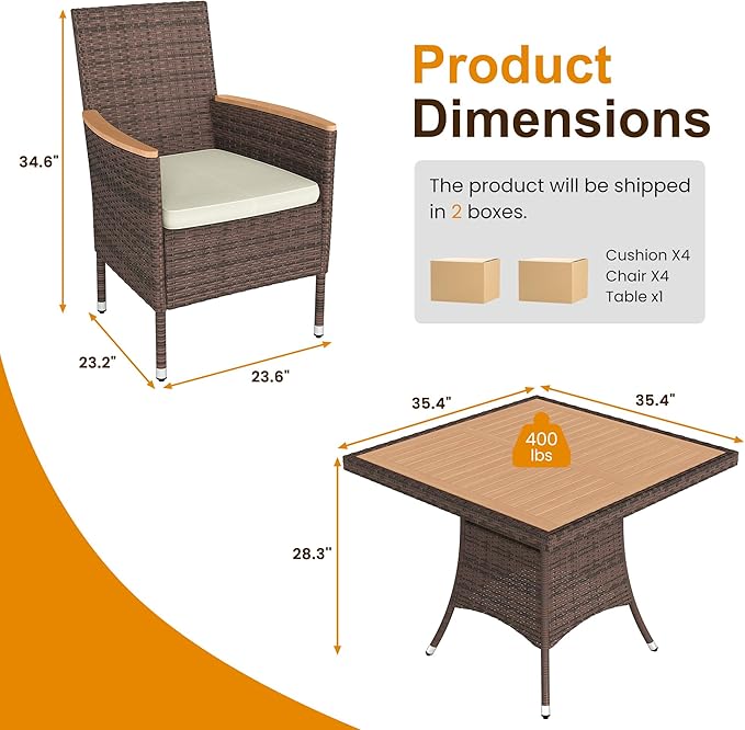 Wisteria Lane Patio Dining Sets for 4, All Weather Rattan Outdoor Table and Chairs with Acacia Wood Tabletop, Patio Dining Furniture with Removable Cushions for Deck Garden, Backyard, Brown