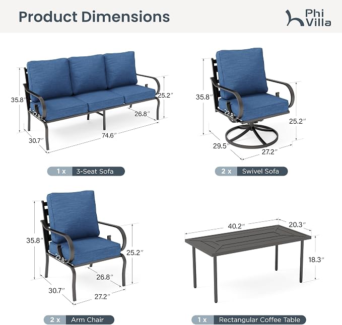PHI VILLA Patio Furniture Set, 3-Seater Sofa, 2 Fixed Chairs, 2 Swivel Chairs and a Coffee Table, Outdoor Metal Conversation Set with 5.75" Extra Thick Cushion for Garden Backyard Deck, Navy