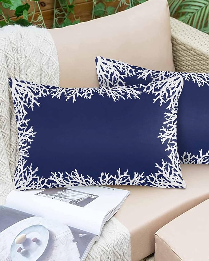 Vandarllin Outdoor Throw Pillows Covers 20x12 inch Set of 2 Waterproof Navy Blue Coral Decorative Zippered Cushion Covers for Patio Furniture, Coastal Marine Life Lumbar Pillowcases