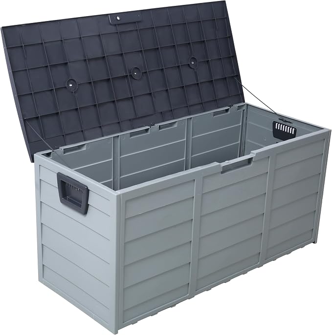 PVWIIK Outdoor Storage Box with Wheels,75 Gallon Mobile Waterproof Resin Deck Box,Lockable Storage for Patio Cushions,Garden Tools,Pool Accessories,UV-Resistant Storage Bench for Backyard & Deck,Gray