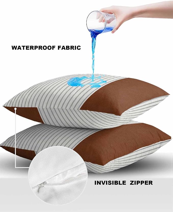 Outdoor Waterproof Throw Pillow Covers 24x24in, Bohemian Boho Stripes Cushions for Garden Patio Furniture Chairs Set of 2, Black Gold Home Decor Couch Sofa Polyester Pillow Cases