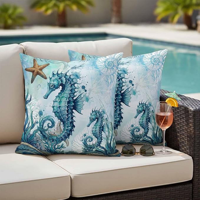 Ocean Seahorses Outdoor Pillow Covers 16x16 Inch Throw Pillow Covers Set of 2 Waterproof Decorative Pillow Cases Coastal Animals Seaweed Strafish Compass Blue Cushion Covers for Patio Furniture Garden