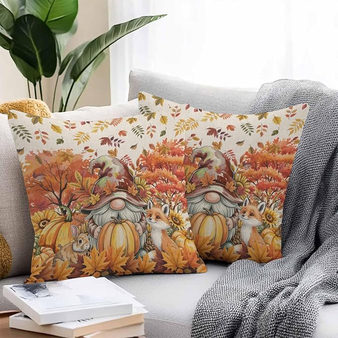 Fall Gnomes Pumpkin Outdoor Waterproof Pillow Covers, Maple Leaves Animal Country Vintage Decorative Square Throw Pillowcase Sofa Cushion Sham for Patio/Couch/Chair, 24"x24" 2 Pack