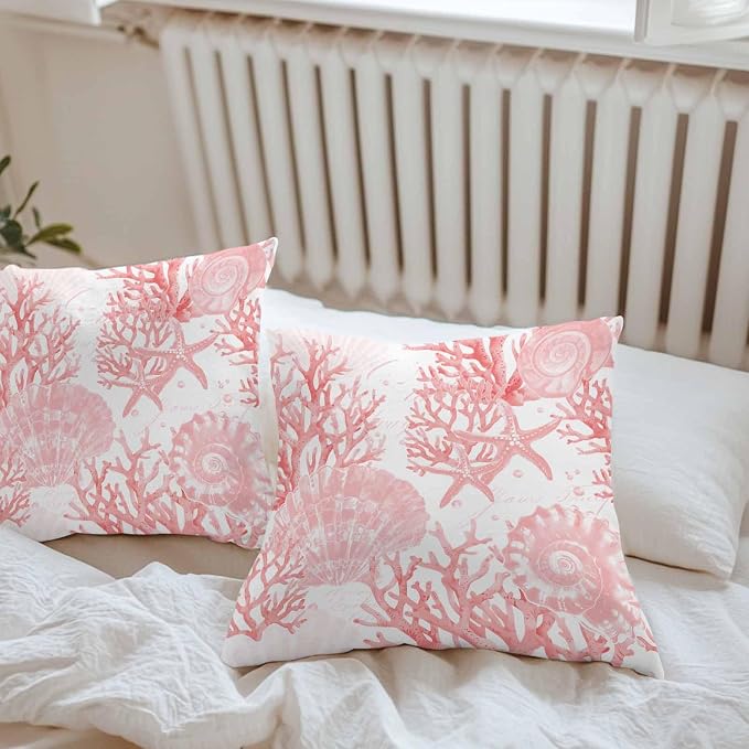 Pink Coral Waterproof Outdoor Pillow Covers Set of 2 Home Decor, Coastal Nautical Ocean Starfish Conch Pillowcase Patio Pillow Covers for Couch Bench Furniture Garden 20x20in