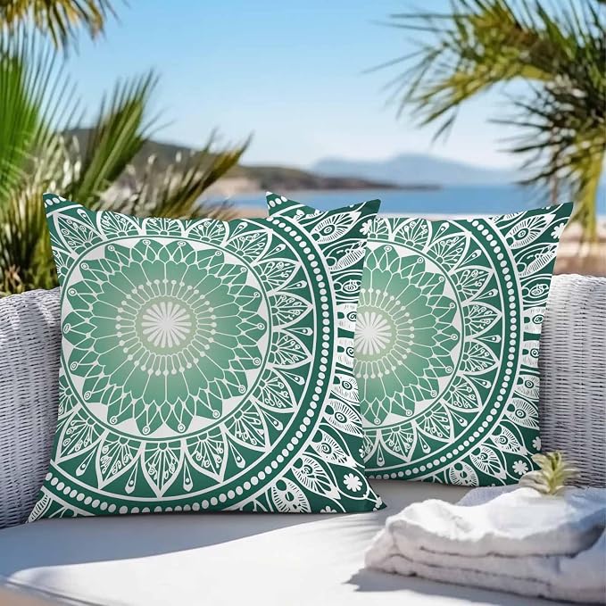 Vandarllin Outdoor Throw Pillows Covers 18x18 inch Set of 2 Waterproof Green Boho Floral Decorative Zippered Cushion Covers for Patio Furniture, Bohemian Sacred Space Art Lumbar Pillowcases
